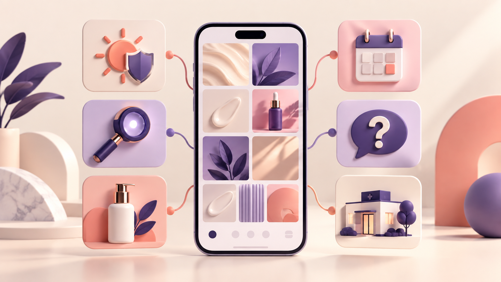 Ilustração editorial de um celular cercado por cartões que representam pilares de conteúdo em Dermatologia