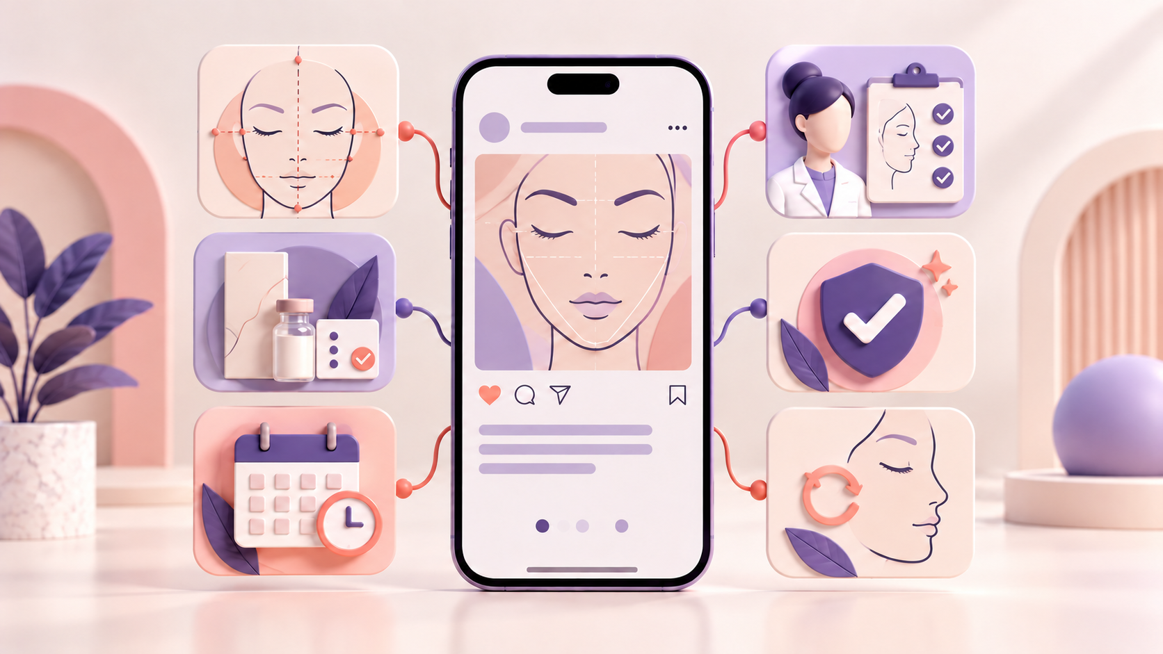 Smartphone cercado por cartões que representam avaliação, planejamento, rastreabilidade, segurança e acompanhamento em conteúdo sobre preenchimento facial