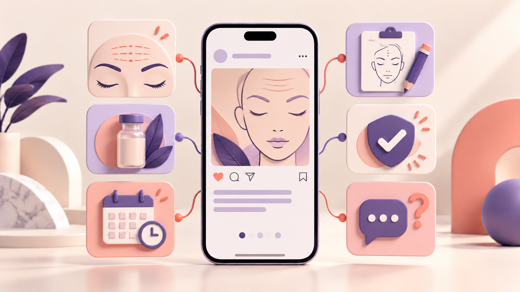 Smartphone cercado por cartões que representam expressão facial, planejamento, segurança e dúvidas sobre toxina botulínica